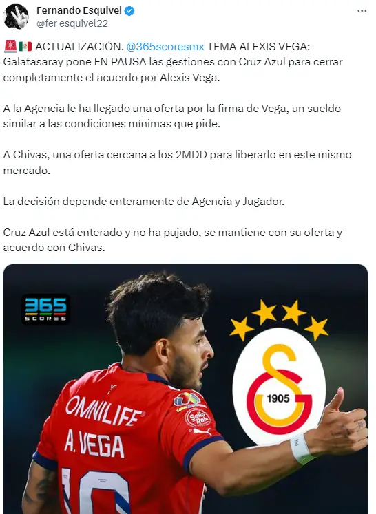 Galatasaray le quitaría a Alexis Vega a Cruz Azul